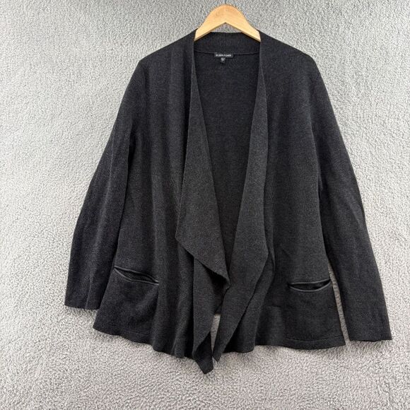 Eileen Fisher Cardigan Size Large Merino Wool Open Front Leather Trim Pocket - Picture 1 of 12
